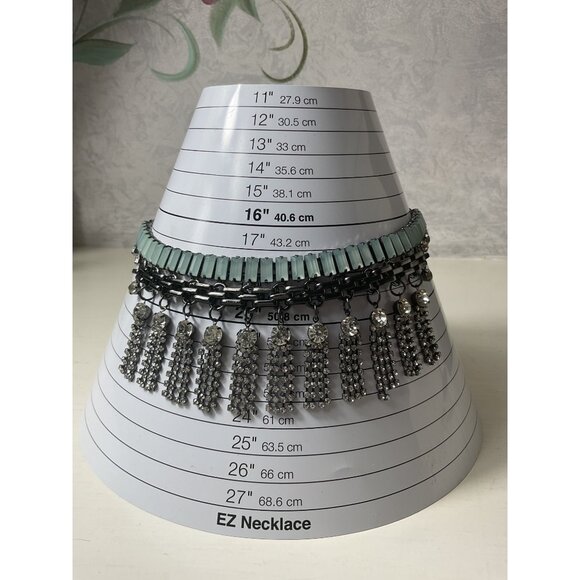 Statement Necklace With Mint Green & Rhinestone Tassels Black Metal Chain - Picture 4 of 4